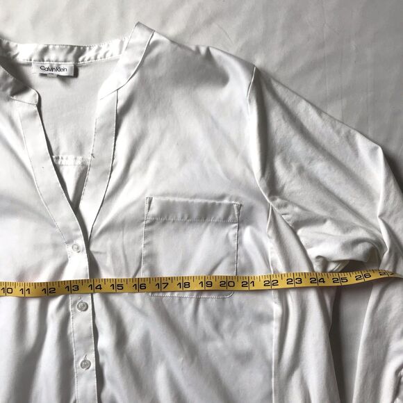 Calvin Klein Women 2X White Long Sleeve Button Up Blouse Top Mandarin Pocket EUC - Picture 5 of 8